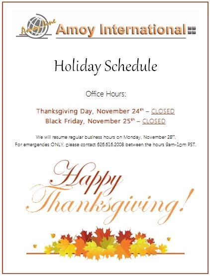 Thanksgiving Holiday Schedule - Amoy International